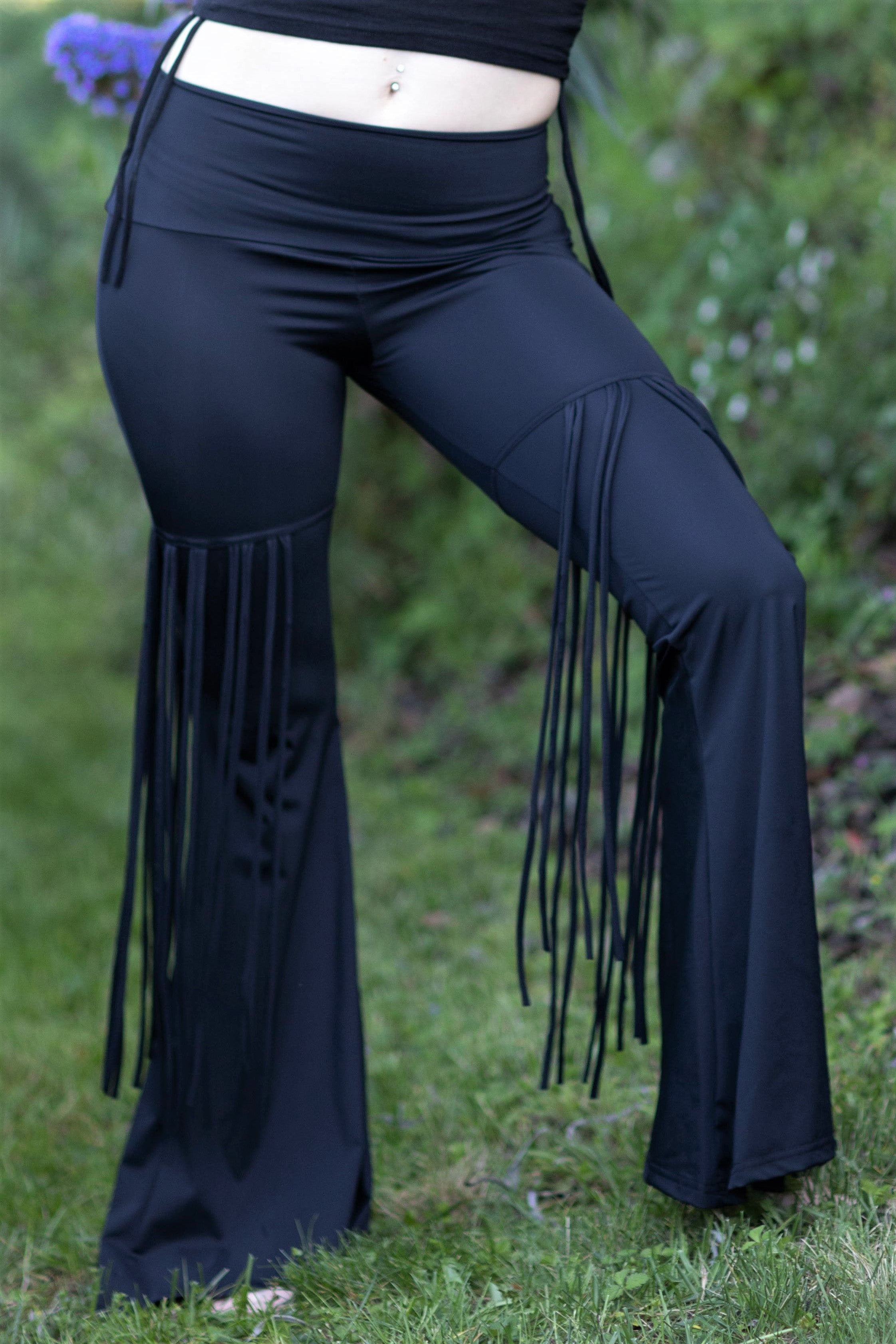 High Waisted Bell Bottom Fringe Pants - Black Sheen – Noralina Freedom  Designs